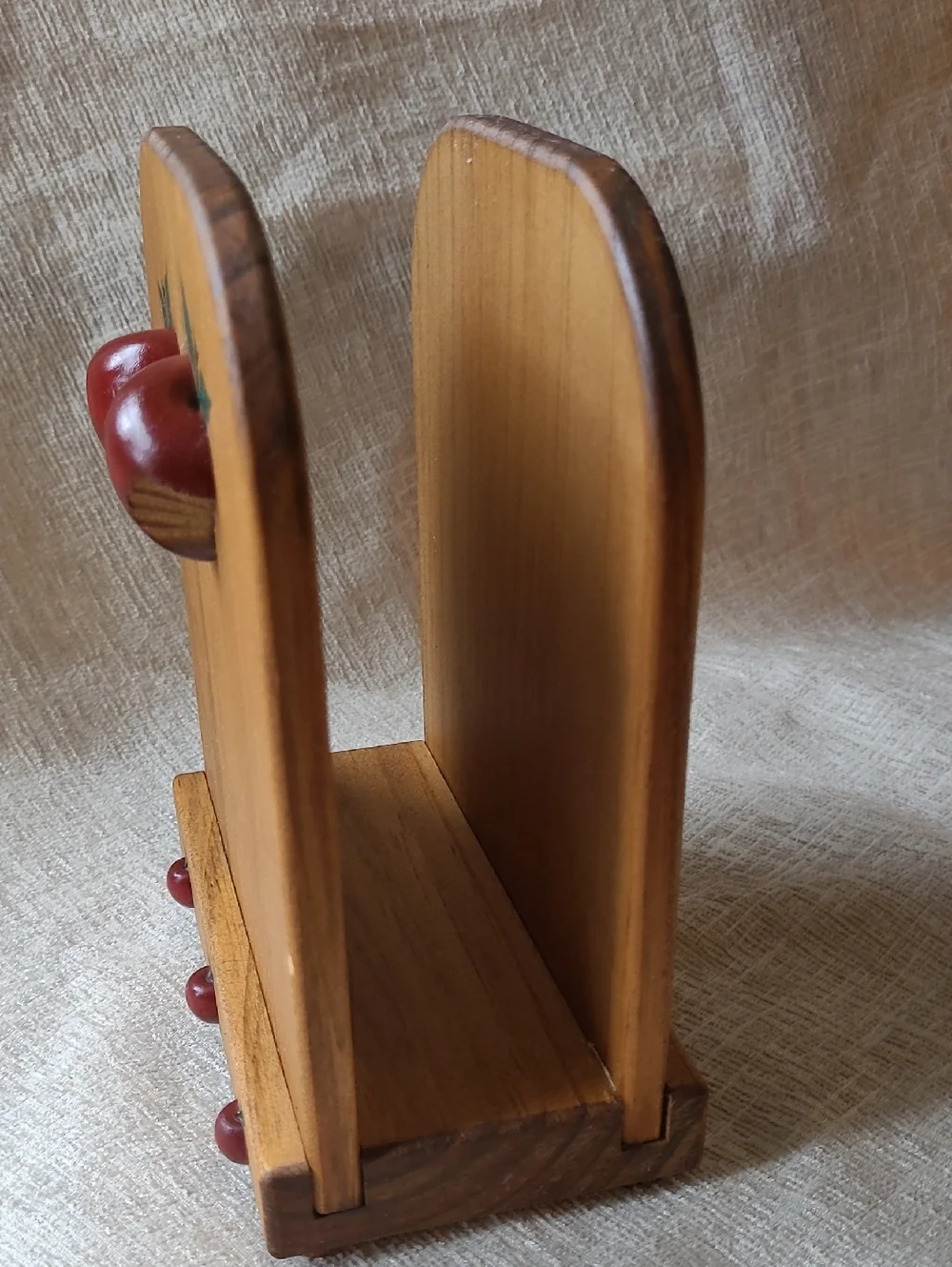 Vintage wood napkin holder featuring WOODEN red apple details and Handpainting.